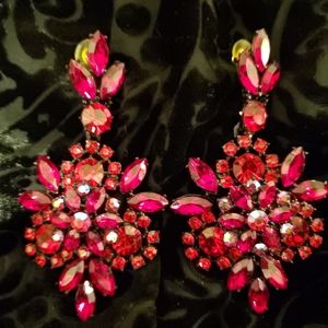 Thelma Deutsch Red Rhinestone Earrings Pierced Vin